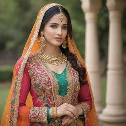 A graceful Punjabi girl adorned in a traditional suit, with bright colors and intricate embroidery, captured in a serene setting.