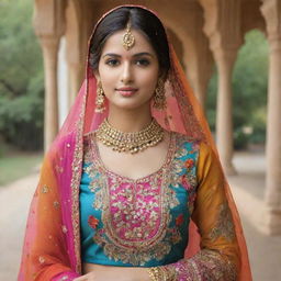 A graceful Punjabi girl adorned in a traditional suit, with bright colors and intricate embroidery, captured in a serene setting.