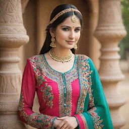 A graceful Punjabi girl adorned in a traditional suit, with bright colors and intricate embroidery, captured in a serene setting.