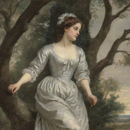 During a timeless, classical period, a woman perched comfortably within a tree, her gaze aimed at a distant house, intruding on its privacy with a curious stare