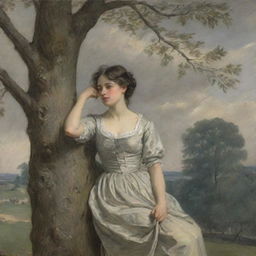 During a timeless, classical period, a woman perched comfortably within a tree, her gaze aimed at a distant house, intruding on its privacy with a curious stare