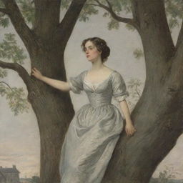 During a timeless, classical period, a woman perched comfortably within a tree, her gaze aimed at a distant house, intruding on its privacy with a curious stare