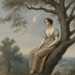 During a timeless, classical period, a woman perched comfortably within a tree, her gaze aimed at a distant house, intruding on its privacy with a curious stare