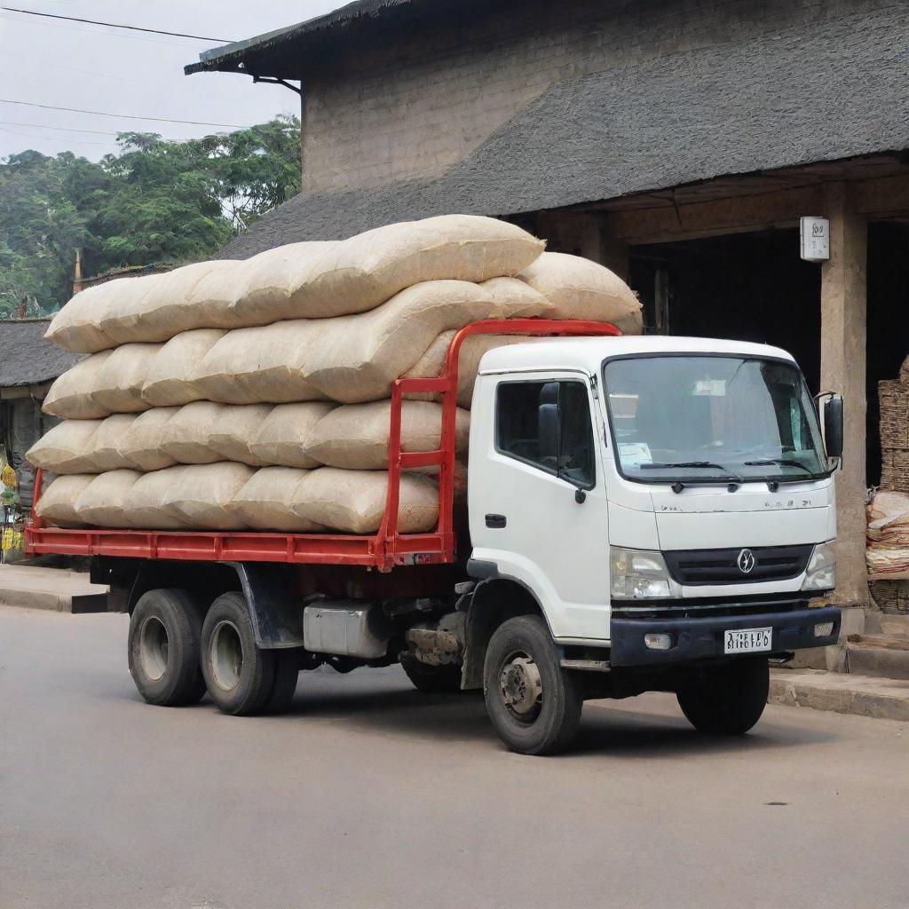 A luxury truck delivering rice to the grand shop