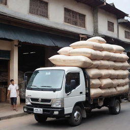 A luxury truck delivering rice to the grand shop