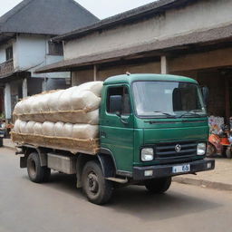 A luxury truck delivering rice to the grand shop