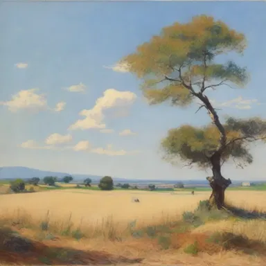 The painting depicted a serene landscape with unspotted fields and clear blue skies.