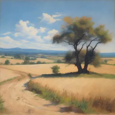 The painting depicted a serene landscape with unspotted fields and clear blue skies.