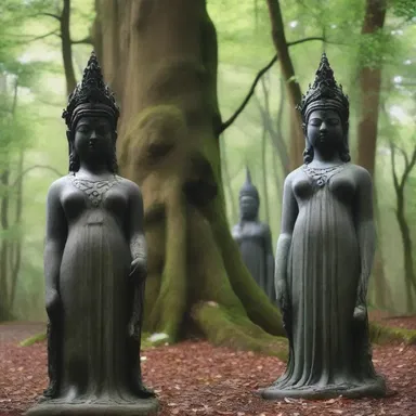 In the enchanted forest, the unsmiling statues guarded the entrance to the hidden realm.