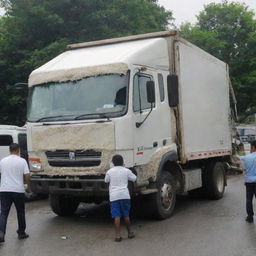 A rice delivery truck involved in an accident, with the people involved unscathed.