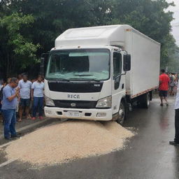 A rice delivery truck involved in an accident, with the people involved unscathed.