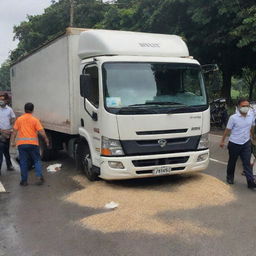 A rice delivery truck involved in an accident, with the people involved unscathed.