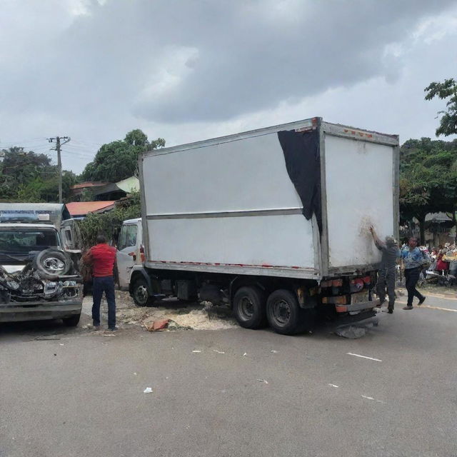 A rice delivery truck involved in an accident, with the people involved unscathed.