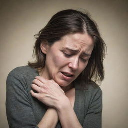 A poignant portrayal of a woman, crying intensely and clutching her back in distress
