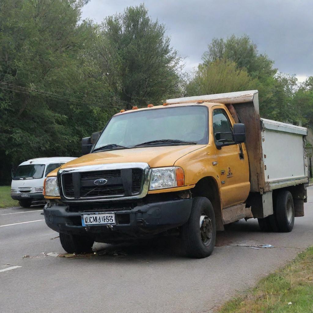 A truck involved in an accident, with the occupants luckily unscathed.