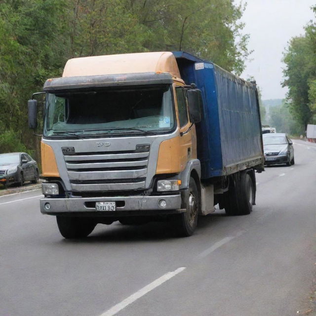 A truck involved in an accident, with the occupants luckily unscathed.