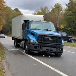 A truck involved in an accident, with the occupants luckily unscathed.