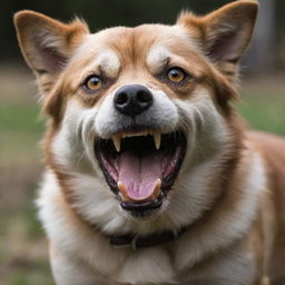 Enhance the already menacing dog image, epitomizing the fury further: deeper furrows in its brow, more intensely glowing eyes, bared teeth even sharper and an aggressive snarl.