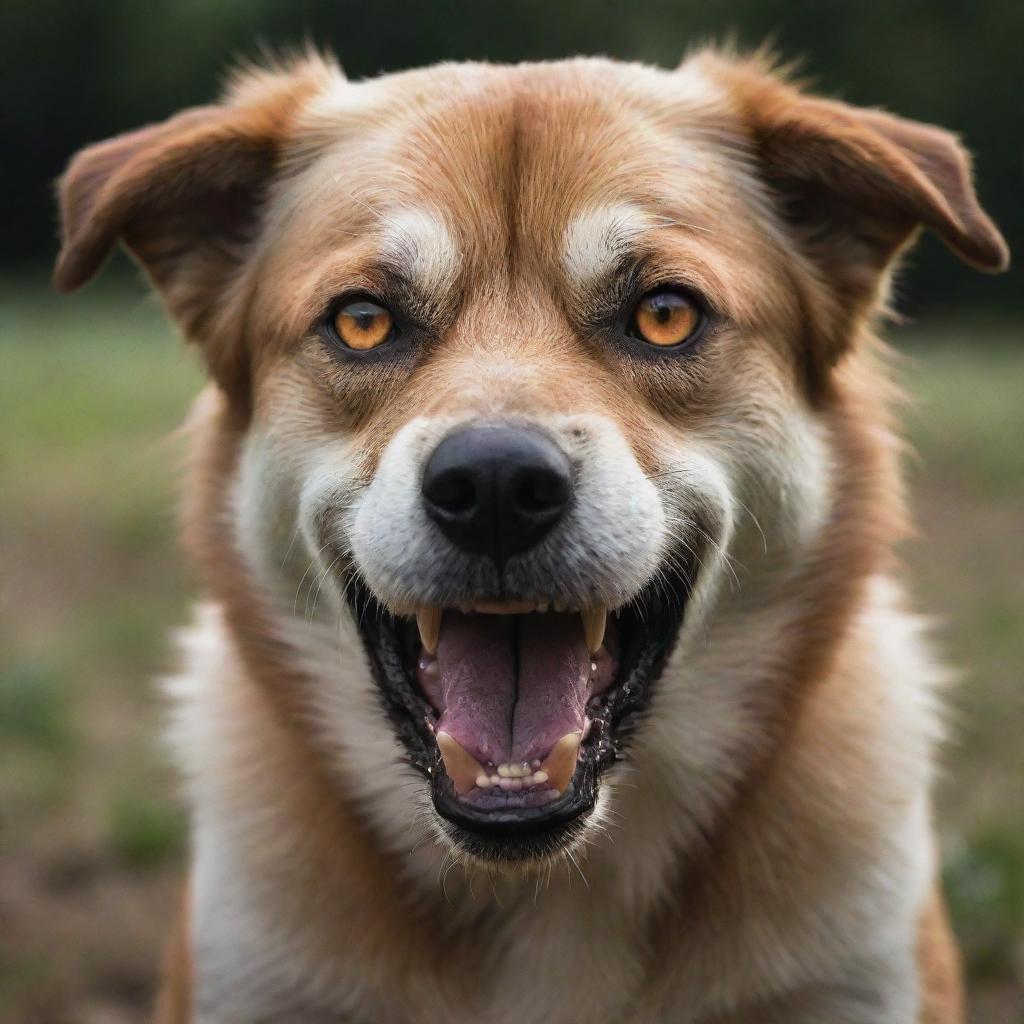 Enhance the already menacing dog image, epitomizing the fury further: deeper furrows in its brow, more intensely glowing eyes, bared teeth even sharper and an aggressive snarl.