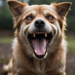 Enhance the already menacing dog image, epitomizing the fury further: deeper furrows in its brow, more intensely glowing eyes, bared teeth even sharper and an aggressive snarl.