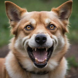 Enhance the already menacing dog image, epitomizing the fury further: deeper furrows in its brow, more intensely glowing eyes, bared teeth even sharper and an aggressive snarl.