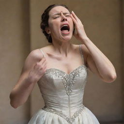 A woman dressed in a classical gown dramatically screaming, tears streaming down her face as she grips her spine in clear anguish