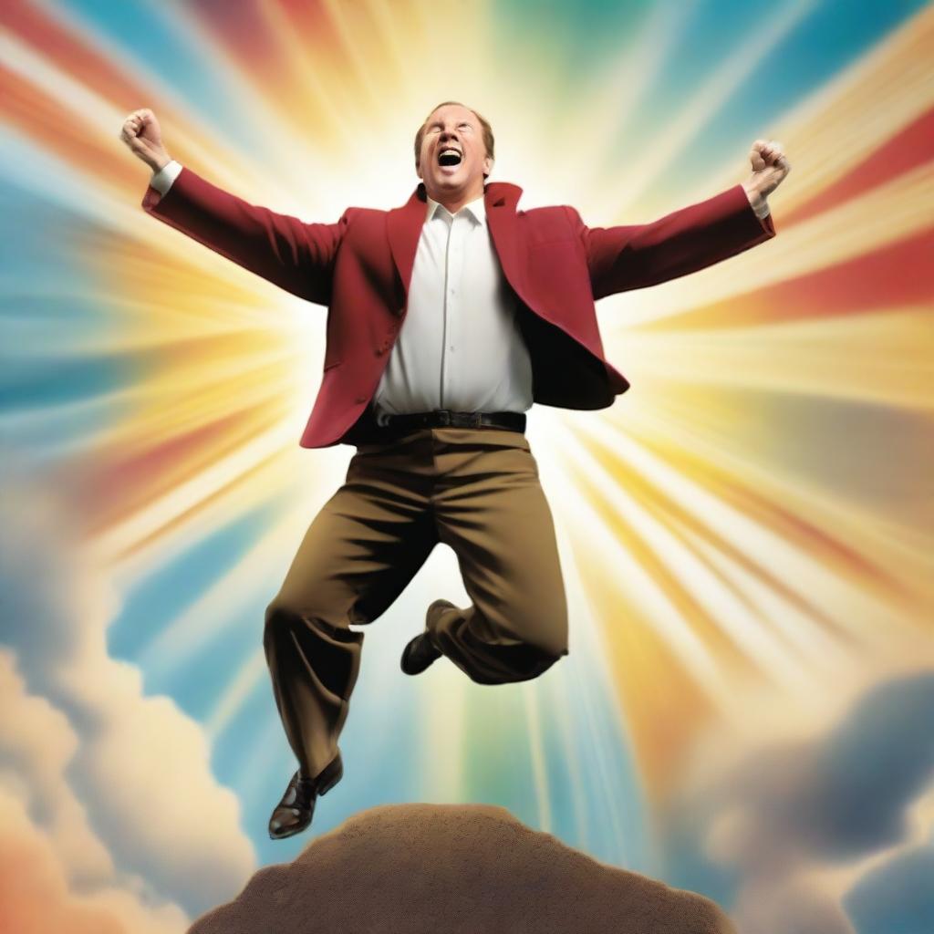 A high-resolution image fashioned in the style of an English movie poster, portraying a triumphant man who has overcome all his problems