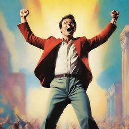 A high-resolution image fashioned in the style of an English movie poster, portraying a triumphant man who has overcome all his problems