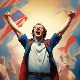 A high-resolution image fashioned in the style of an English movie poster, portraying a triumphant man who has overcome all his problems