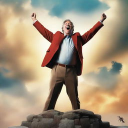 A high-resolution image fashioned in the style of an English movie poster, portraying a triumphant man who has overcome all his problems