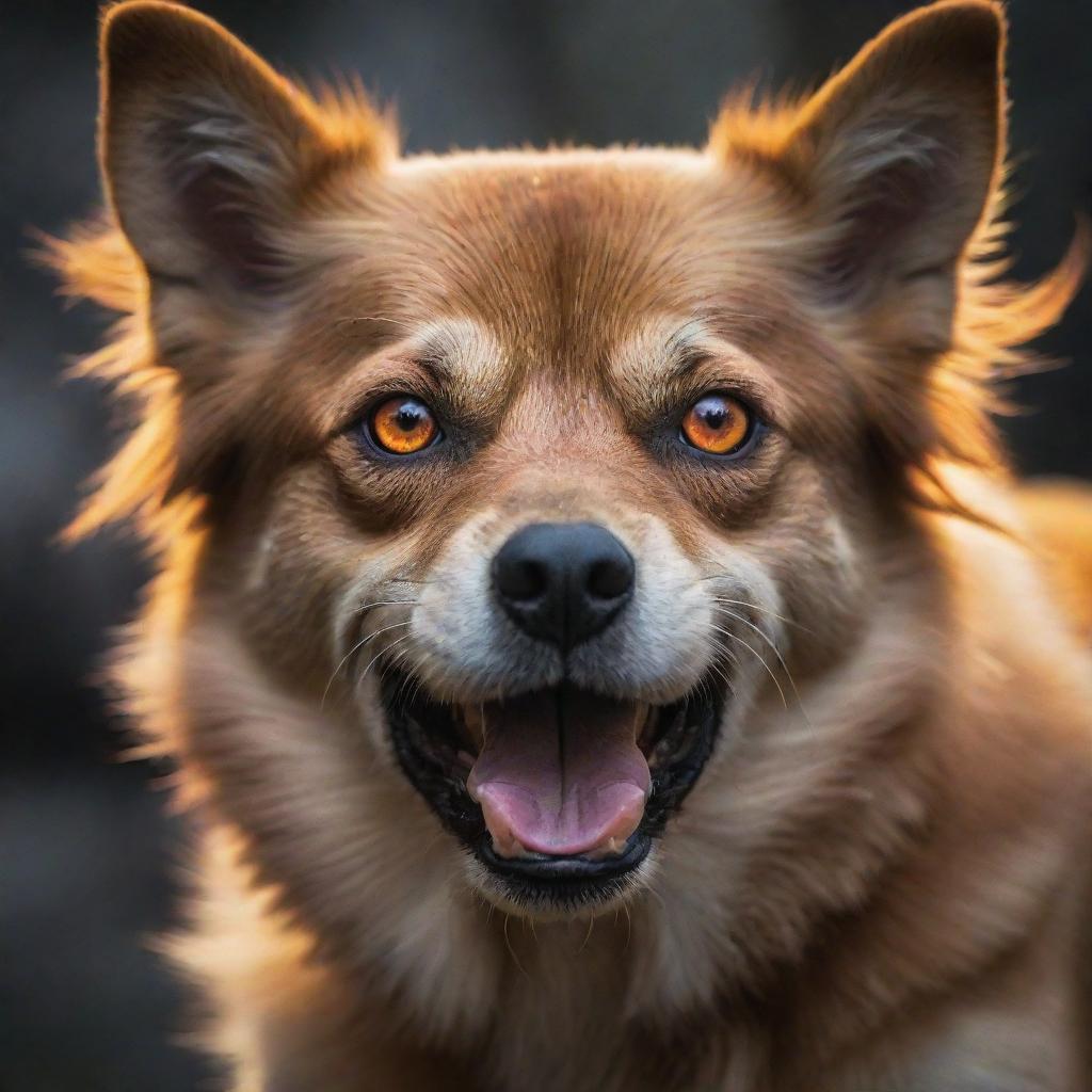 Amplify the aggression of the dog to a mythical extent, as if poised to take over the world: fiery eyes, fearsomely visible muscles, a thunderous snarl, against a backdrop hinting of chaos and conquest.