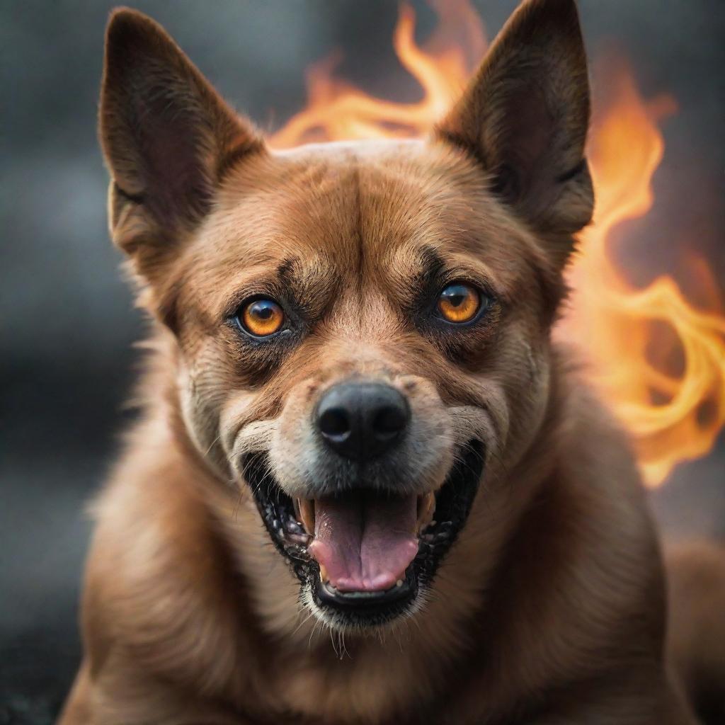 Amplify the aggression of the dog to a mythical extent, as if poised to take over the world: fiery eyes, fearsomely visible muscles, a thunderous snarl, against a backdrop hinting of chaos and conquest.