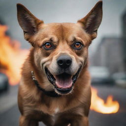 Amplify the aggression of the dog to a mythical extent, as if poised to take over the world: fiery eyes, fearsomely visible muscles, a thunderous snarl, against a backdrop hinting of chaos and conquest.