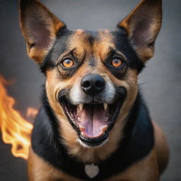 Amplify the aggression of the dog to a mythical extent, as if poised to take over the world: fiery eyes, fearsomely visible muscles, a thunderous snarl, against a backdrop hinting of chaos and conquest.