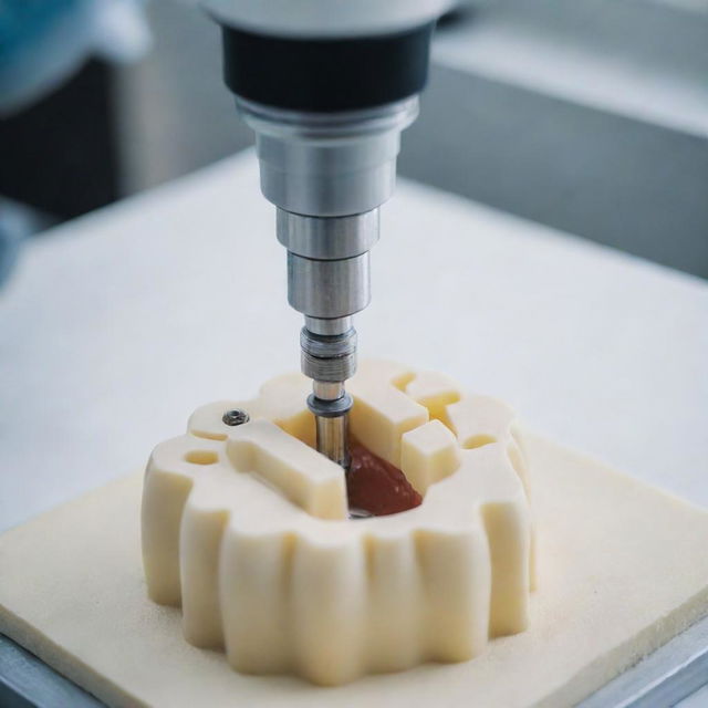 Close-up view of a high-precision dental milling machine at work, carving out a detailed dental prosthesis from a block of ceramic.