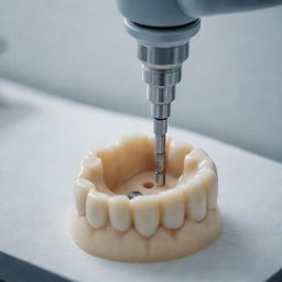 Close-up view of a high-precision dental milling machine at work, carving out a detailed dental prosthesis from a block of ceramic.