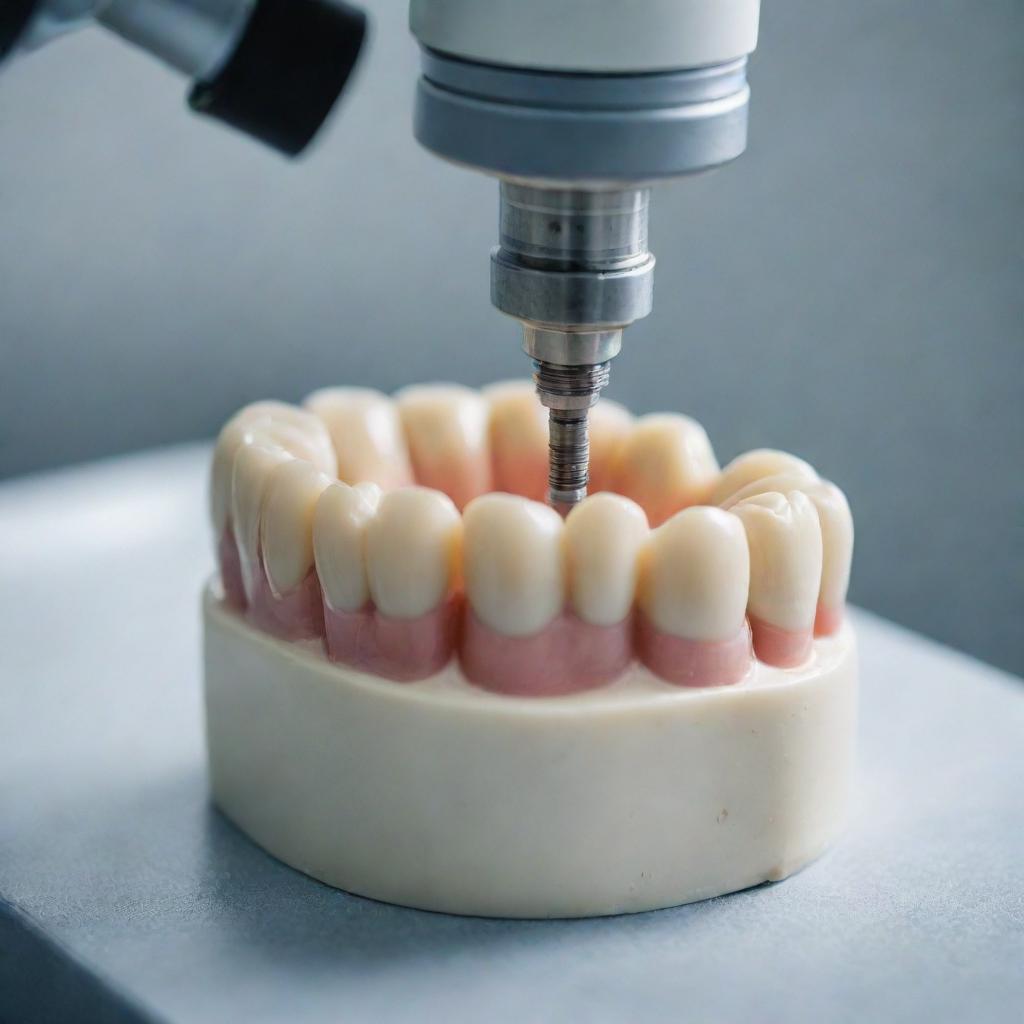 Close-up view of a high-precision dental milling machine at work, carving out a detailed dental prosthesis from a block of ceramic.