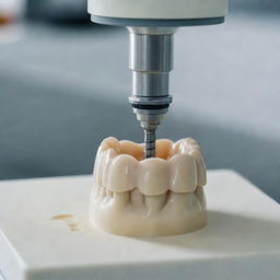 Close-up view of a high-precision dental milling machine at work, carving out a detailed dental prosthesis from a block of ceramic.