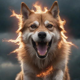 Aggrandize the fury of the world-conquering dog even more: eyes radiating fiery menace, ripped muscles pulsating with power, a snarl so fierce it seems to fracture reality around it, and a backdrop of engulfing storm and mayhem.