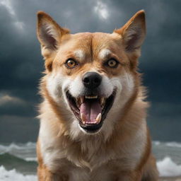 Aggrandize the fury of the world-conquering dog even more: eyes radiating fiery menace, ripped muscles pulsating with power, a snarl so fierce it seems to fracture reality around it, and a backdrop of engulfing storm and mayhem.