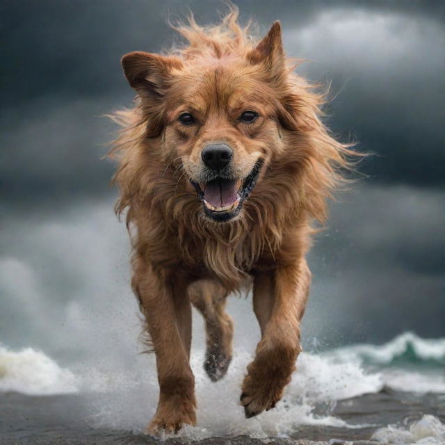 Aggrandize the fury of the world-conquering dog even more: eyes radiating fiery menace, ripped muscles pulsating with power, a snarl so fierce it seems to fracture reality around it, and a backdrop of engulfing storm and mayhem.