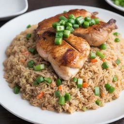 A delicious image of fried rice, garnished with a couple of bright green spring onions accompanied by slices of grilled chicken on a clean white plate.