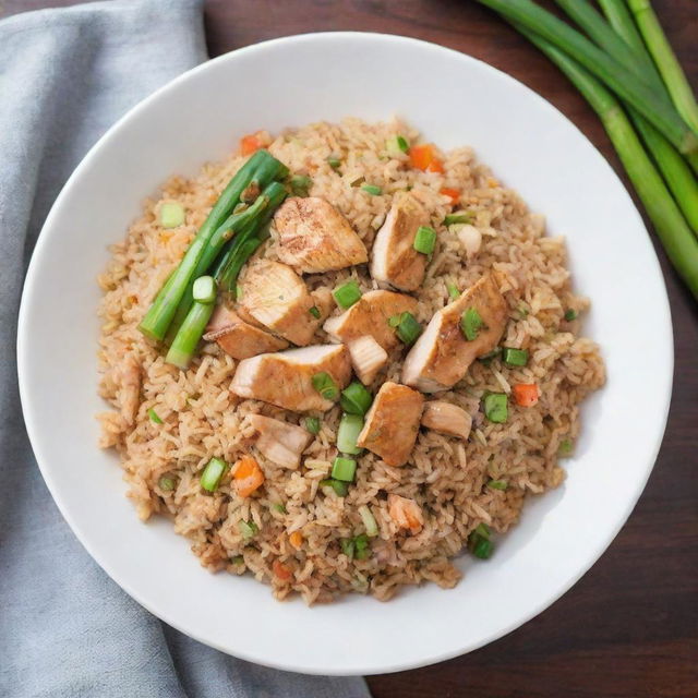 A delicious image of fried rice, garnished with a couple of bright green spring onions accompanied by slices of grilled chicken on a clean white plate.