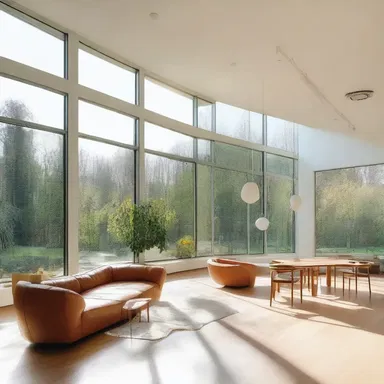 The sunlight penetrate through the large windows, creating a bright and airy space.