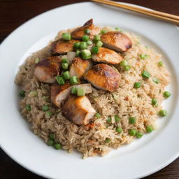 A delicious image of fried rice, garnished with a couple of bright green spring onions accompanied by slices of grilled chicken on a clean white plate.