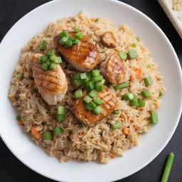 A delicious image of fried rice, garnished with a couple of bright green spring onions accompanied by slices of grilled chicken on a clean white plate.