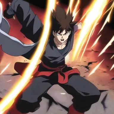 In the intense battle scene of the anime, the hero penetrates the enemy's defenses with his powerful strikes.