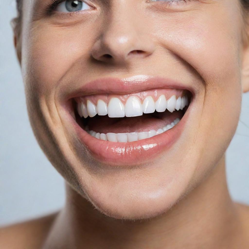 Close up of a set of flawless white teeth portraying a radiant, gleeful smile