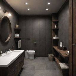 A bathroom styled in a manner suited to Dean Winchester from Supernatural, featuring hints of a Geralt from The Witcher theme.