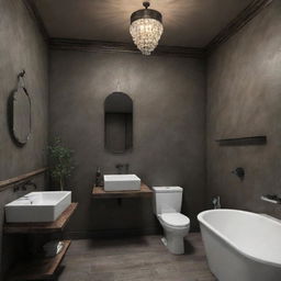 A bathroom styled in a manner suited to Dean Winchester from Supernatural, featuring hints of a Geralt from The Witcher theme.